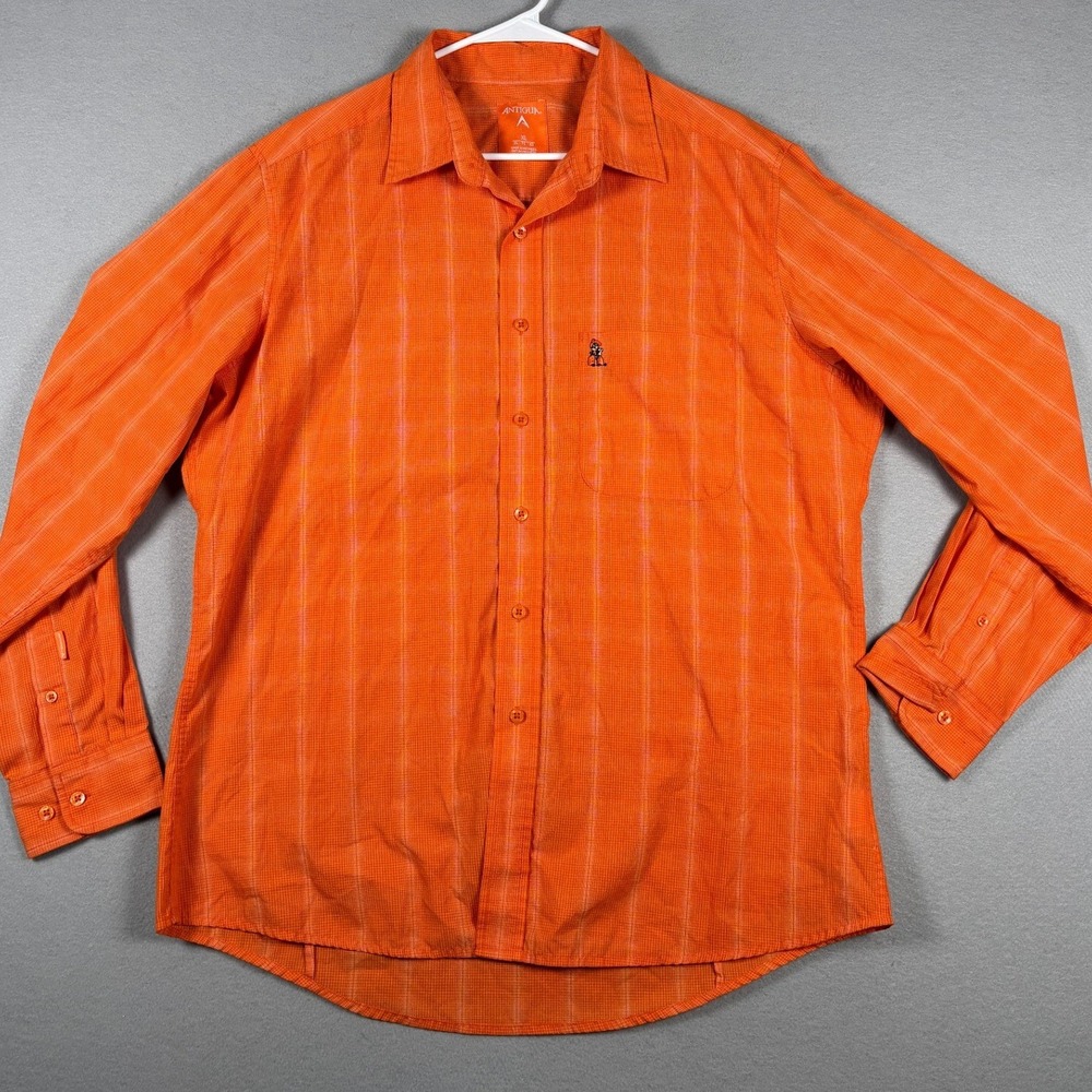 Antigua OSU Cowboy Embroidery Plaid Button Down Shirt Long Sleeve XL Orange